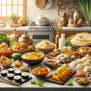 DALL·E 2024-08-31 18.22.29 - A vibrant kitchen scene featuring a variety of authentic Asian dishes from different regions, including Thai curry, Chinese dumplings, Japanese sushi,